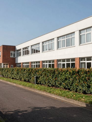 Wide environmental shot of a clean, modern school campus exterior in Bicester, with a straight, level hedge line perfectly trimmed along the boundary under bright daylight.