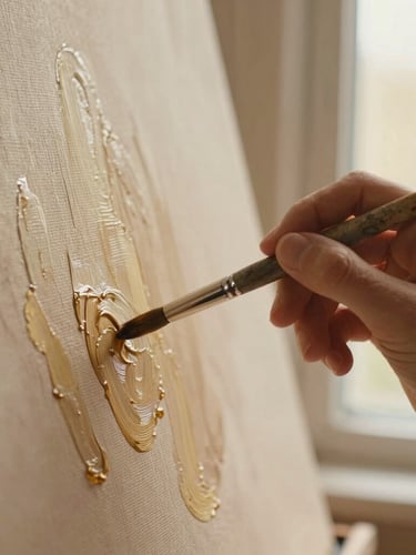 Close-up of a hand holding a fine-tip paintbrush applying rich oil paint to a textured canvas, soft window light, linseed oil sheen, warm sepia tones.