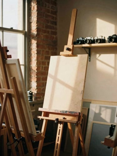 Warm interior of an artist studio with wooden easels, soft golden-hour window light casting long shadows on brick walls, vintage film cameras on a shelf.