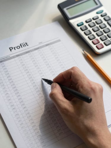 Close-up overhead view of a completed profit tracker on ruled paper, hand-written numbers in neat columns, a calculator and pencil beside it, natural north-facing window light casting soft shadows