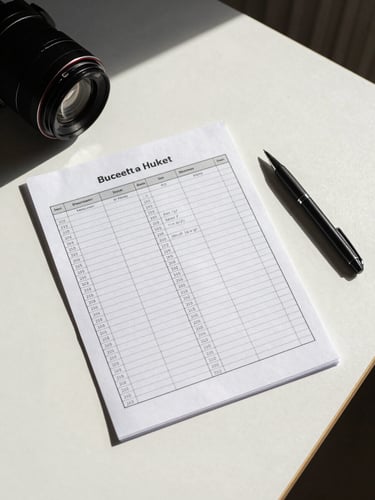 Overhead flat-lay of a printed one-page budget sheet on a white desk, a pen resting beside it, natural north-facing daylight, some hand-written numbers visible in the columns