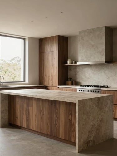 Wide architectural shot of a minimalist kitchen with a massive natural stone island, integrated walnut cabinetry, soft natural daylight from a high side window, editorial composition