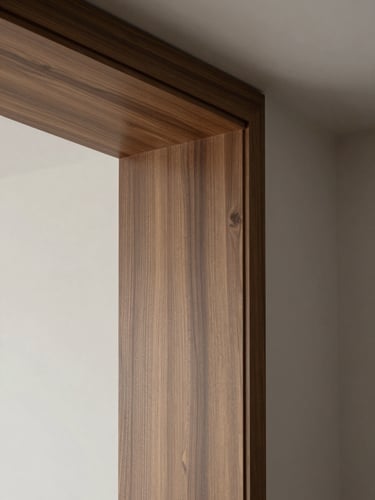 Soft natural daylight reflecting off a custom walnut wood joinery join, minimalist luxury residential interior, medium format architectural photography, muted greige tones.