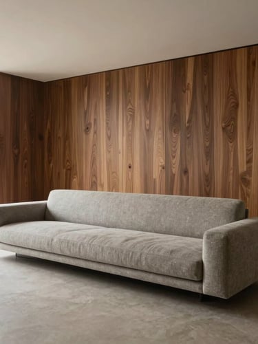 Wide-angle architectural living room, sculptural low-profile greige sofa, walnut wood panels, soft natural daylight, minimalist composition