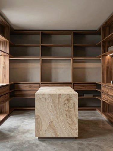 A spacious walk-in closet in a luxury penthouse, illuminated by soft warm ambient lighting from behind walnut shelves. Polished concrete floor, minimalist central island with a natural stone top.