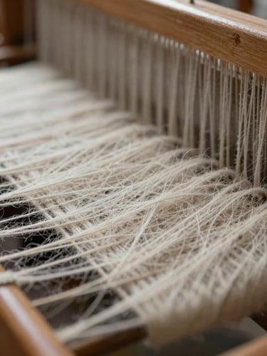 Extreme close-up of heavy, undyed wool warp threads under extreme tension on a wooden handloom, high-contrast side lighting, macro focus on the raw fibers.