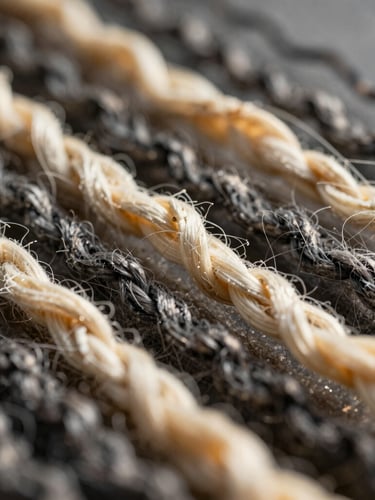 Macro shot of individual warp and weft threads, raw bone and charcoal fibers catching late afternoon sun.