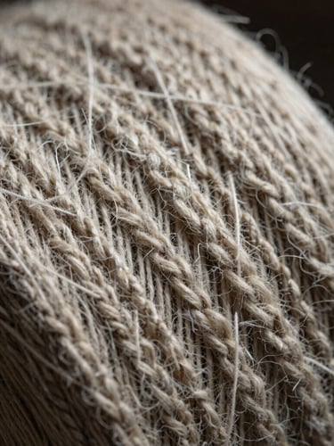 Macro photograph of heavy undyed wool warp and weft threads under high-contrast side lighting, showcasing extreme textile grain and irregular hand-spun tension.