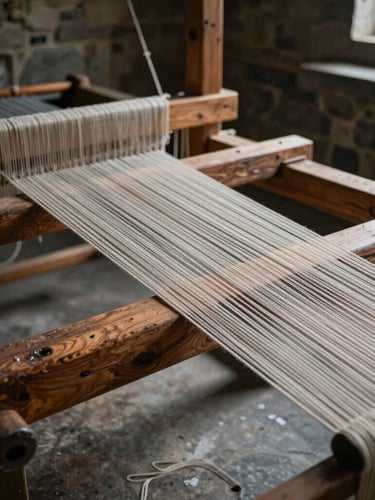 Heavy wooden beams of a handloom in an empty stone room, deep shadows, extreme close-up of taut warp threads.