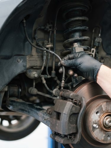 Close-up of a car's wheel well, mechanic's hand inspecting a brake line, bright workshop lighting, neutral steel tones.