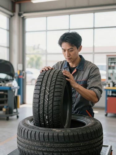 Medium shot of a mechanic's hands checking tire tread depth in a bright, clean garage workshop, natural daylight, neutral steel tones, sharp focus, 35mm lens.