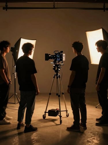 Behind-the-scenes shot of a small production crew setting up a shot on location, warm rim lights, cinematic editorial photography, deep shadows.
