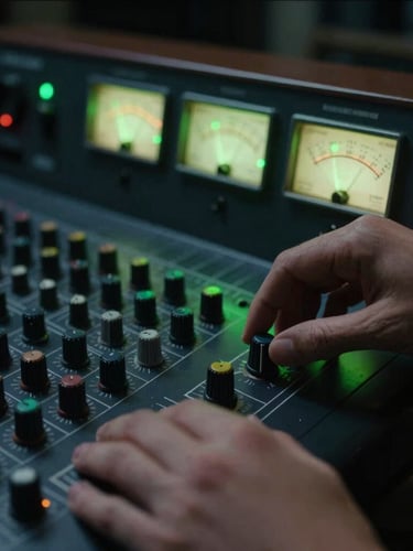 Close-up of hands adjusting knobs on a vintage analog console, glowing VU meters in a dark charcoal studio environment, neon green accent light
