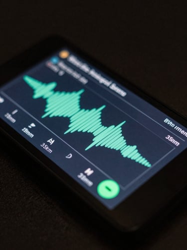 A close-up screenshot of a secure digital music player interface, displaying waveform visualization, metadata tags, and a glowing green active status indicator, 35mm.