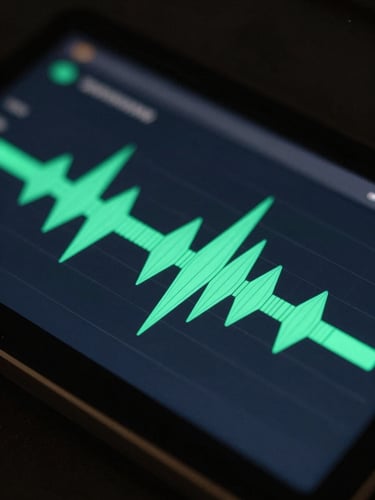 A clean digital interface of a secure audio player on a dark screen, showing a waveform with sharp neon green indicators, close-up, shallow depth of field