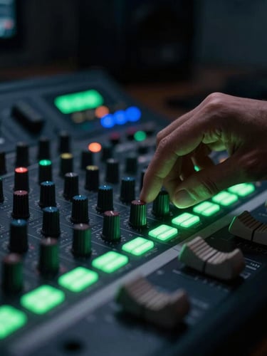 Tight macro shot of a music producer's hand adjusting a physical mixing console, glowing green LED level meters in the dark studio, 35mm.