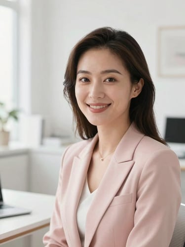 Elegant close-up portrait of a professional female entrepreneur in a bright, modern home office, smiling warmly, soft natural daylight, minimalist white and blush pink tones, 35mm photography