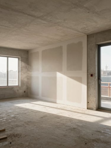 Wide environmental view of an interior construction site mid-morning, drywall panels partially installed along a bare concrete wall, natural daylight streaming from north-facing windows, no workers posed, dust motes visible in the air, warm neutral tones