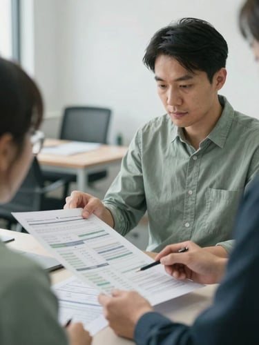 A close-up, medium-wide environmental portrait of a development consultant reviewing printed data reports with a colleague in a field office, soft natural daylight, muted cool tones, realistic depth of field.