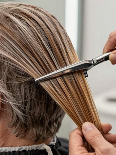 Extreme close-up of a senior stylist applying structural color to a section of hair, brushed steel tools visible, clean geometric lines in the background.