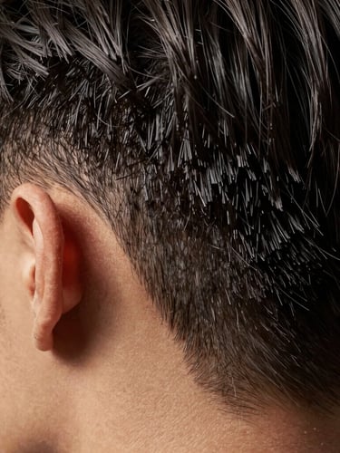 Extreme macro close-up of sharp geometric hair cut lines, soft directional daylight, rich natural shadows, minimalist aesthetic