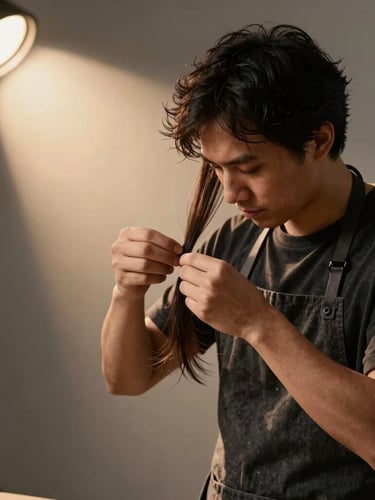 Candid high-focus shot of the founder in a dark charcoal apron, analyzing hair structure in the minimalist studio, warm spotlighting casting rich shadows.