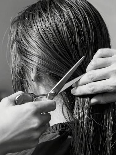 High-contrast black and white portrait of a stylist's hands mid-motion, executing a precise scissor cut on textured hair, soft directional north-facing daylight.
