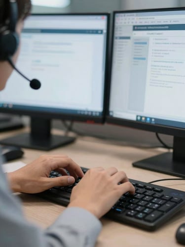 Close-up of a contact center agent's hands on a keyboard mid-call, a headset cord visible in the foreground, dual monitors displaying a CRM interface in the background, even office fluorescent lighting, tight framing focused on the hands and screen detail