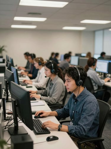 Wide environmental shot of a live contact center floor at mid-afternoon, rows of agents at dual-monitor workstations wearing headsets, fluorescent office lighting casting even illumination across the room, slight depth of field blur in the background rows, no posed smiles—workers focused on screens mid-call