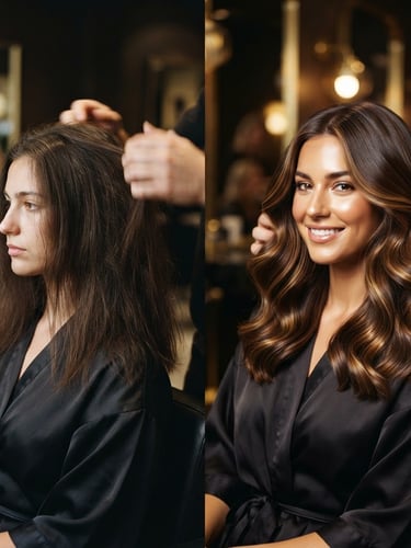 Before and after image of a woman's hair, showcasing a dramatic, glossy hair transformation from dull to vibrant, with soft editorial lighting, high-contrast luxury, and a shallow depth of field. Stylist's hands are visible in the background.