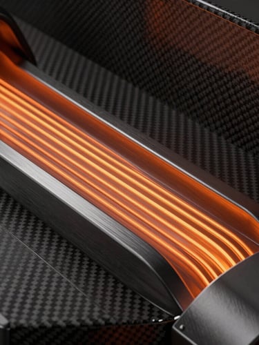 Abstract 3D render of aerodynamic wind tunnel lines flowing over a sleek metallic chassis, glowing orange light leaks, dark carbon fiber background, octane render style