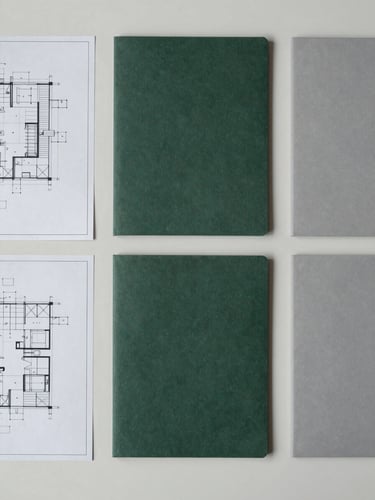 Overhead flat-lay of highly organized architectural blueprints and clean slate-gray document portfolios on a minimalist desk, soft overcast daylight, sharp 35mm focus
