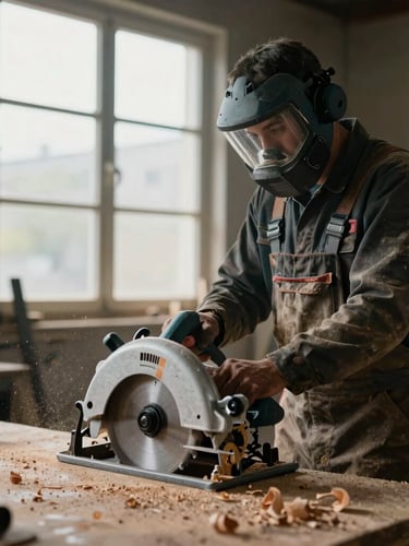 A skilled tradesperson in a dusty workshop, side-lit by cool window light, wearing protective gear, holding a heavy-duty circular saw, wood shavings in the air.