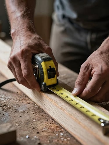 Dramatic close-up of a carpenter's hands measuring raw timber with a brass-trimmed tape measure in a dusty workshop, sharp focus, high-contrast side-lighting, muted steel and charcoal tones