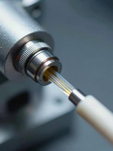 Macro detail shot of high-precision fiber optic termination, delicate glass fibers being aligned under bright clean-room laboratory lighting, cool metallic tones, 35mm