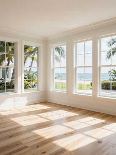 Elegant architectural photography of a bright Sarasota living room, natural sunlight streaming through large windows, showcasing a perfectly laid wood floor, sharp focus, 35mm