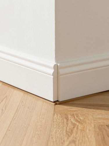A crisp, macro photograph of a perfectly executed miter joint where a custom white baseboard meets engineered wood flooring, bright natural daylight, sharp architectural focus