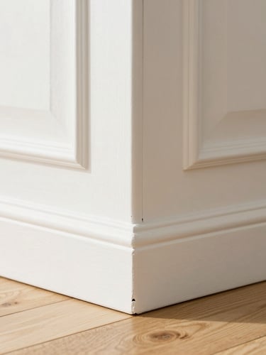 Tight macro shot of a perfectly cut miter joint on white baseboards meeting a light oak floor, bright natural Florida daylight, sharp focus, architectural detail