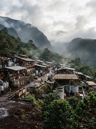 Wide environmental shot of the Honaunau coffee wet-milling facility on volcanic slopes, misty morning mountain light, 35mm.
