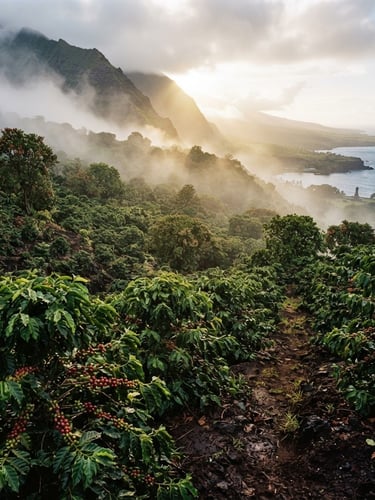 Wide-angle editorial photograph of high-elevation coffee orchards on the misty volcanic slopes of Captain Cook, low morning sun cutting through mountain fog, rich soil details, 35mm.