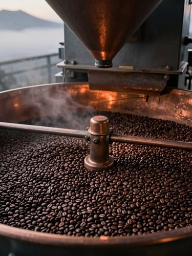 Close-up of industrial roasting drum in Captain Cook facility, warm copper glow, dark coffee beans rotating, sharp focus, 35mm