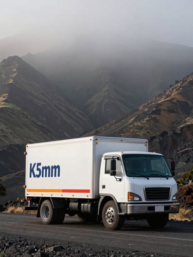 Branded agricultural delivery truck parked on a gravel mountain road overlooking Kona slopes, morning mist, 35mm