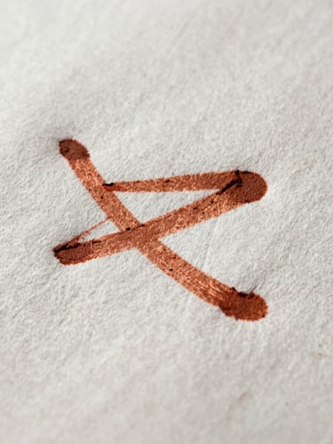 Extreme close-up of heavy cotton paper grain with a single debossed terracotta ink stroke, showing tactile texture and soft natural shadows.