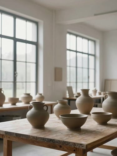 Wide panoramic shot of a pristine, minimalist art studio in Mount Vernon, natural overcast light streaming through large windows, raw clay vessels on a wooden table.
