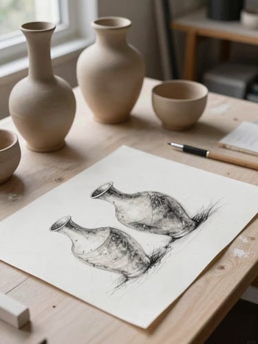 Dead-on architectural shot of a pristine design studio desk, soft natural Northwest light, raw clay vessels, textured watercolor paper with charcoal sketches.