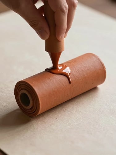 A vertical close-up of thick terracotta ink being rolled onto heavily textured archival paper, soft diffused natural light casting gentle shadows, architectural crop.
