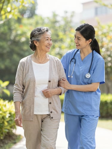 Bright editorial photography, soft warm daylight, a senior woman smiling while walking with a caring professional caregiver in a sunlit garden, medium shot, 35mm lens