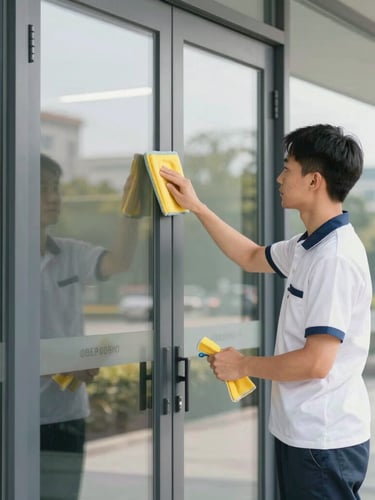 Bright editorial photography of a professional cleaning technician in a neat uniform polishing a corporate glass door, natural daylight, soft warm tones, 35mm lens