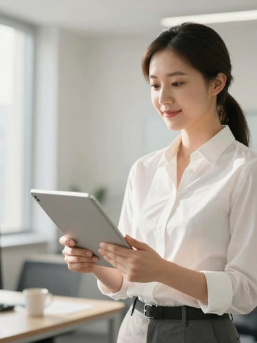 Bright editorial portrait of a professional female supervisor in a clean corporate office holding a tablet, natural daylight, warm tones, professional setting