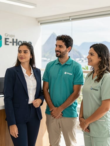 Bright editorial photography of three professional staff members of Grupo E-Hope standing together in Rio de Janeiro: a corporate receptionist in a navy blazer, an event coordinator in a teal polo, and a caregiver in a warm sage uniform, bright natural daylight, clean professional office background, 35mm lens